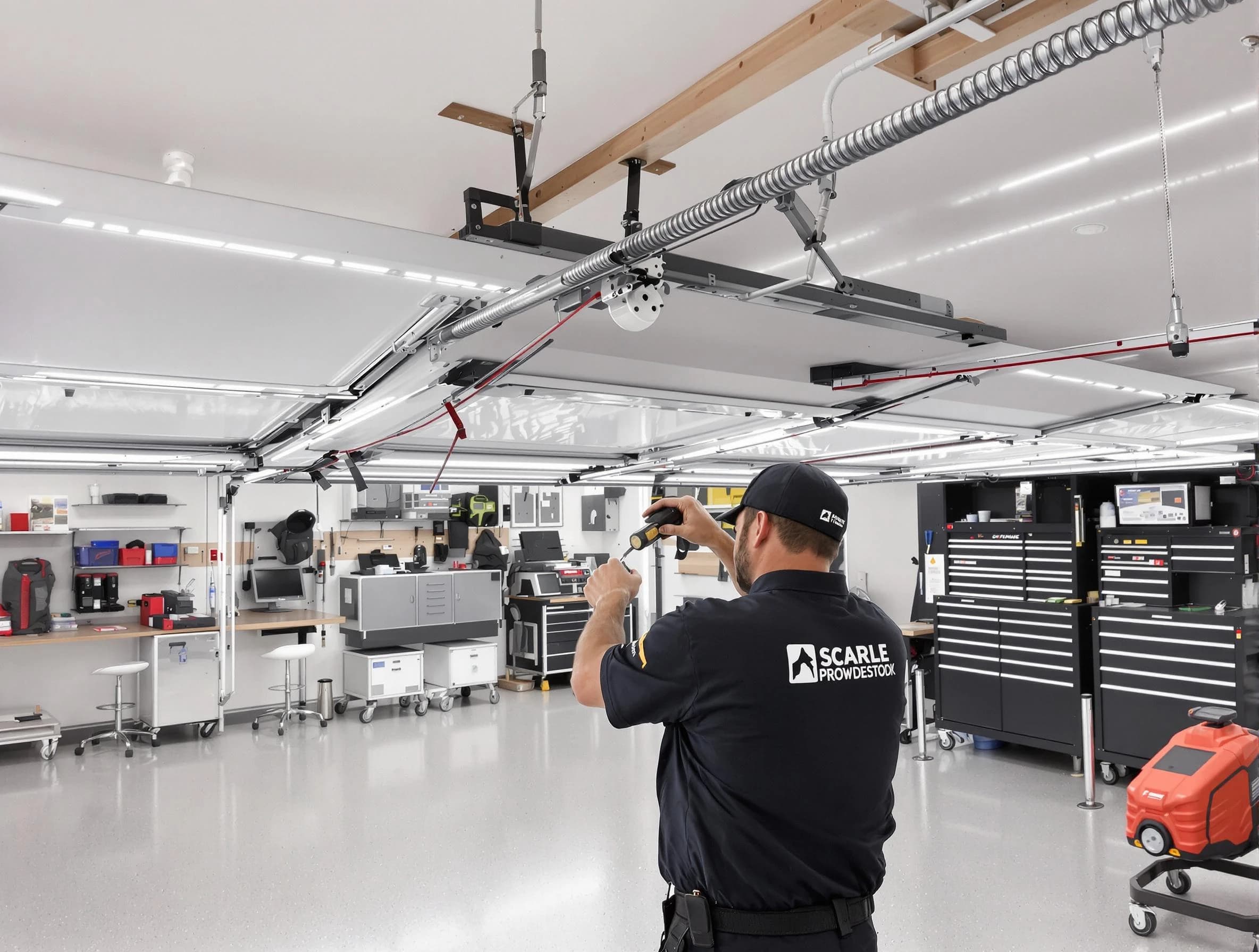 Punta Gorda Garage Door Repair technician repairing overhead garage door in Punta Gorda