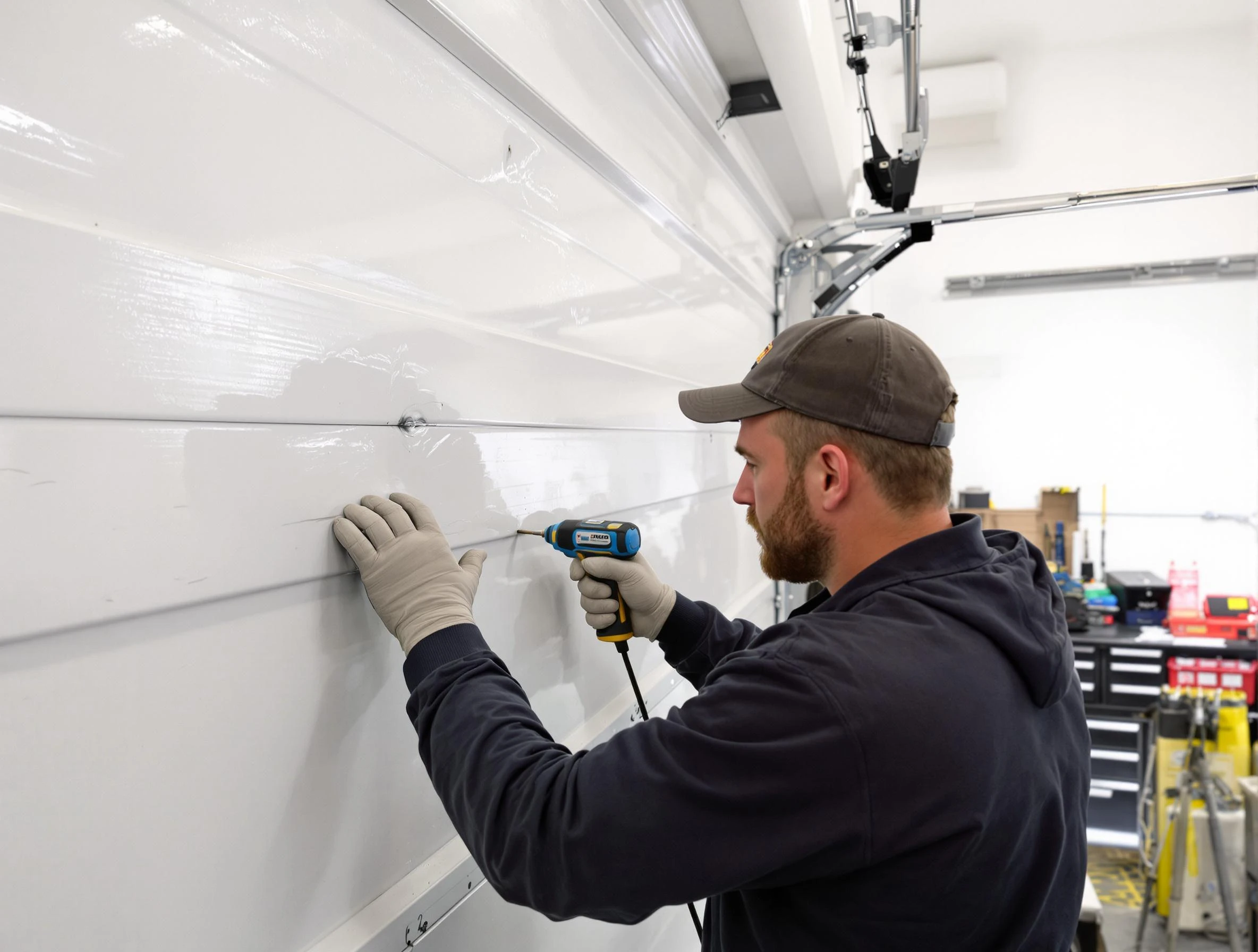 Punta Gorda Garage Door Repair technician demonstrating precision dent removal techniques on a Punta Gorda garage door